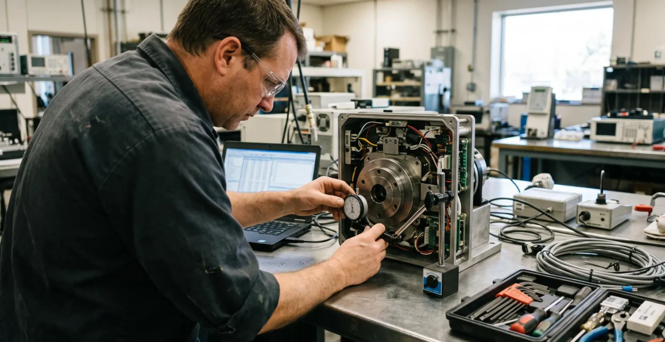Engineer checking pre-aligner repeatability with a dial indicator on a test bench.