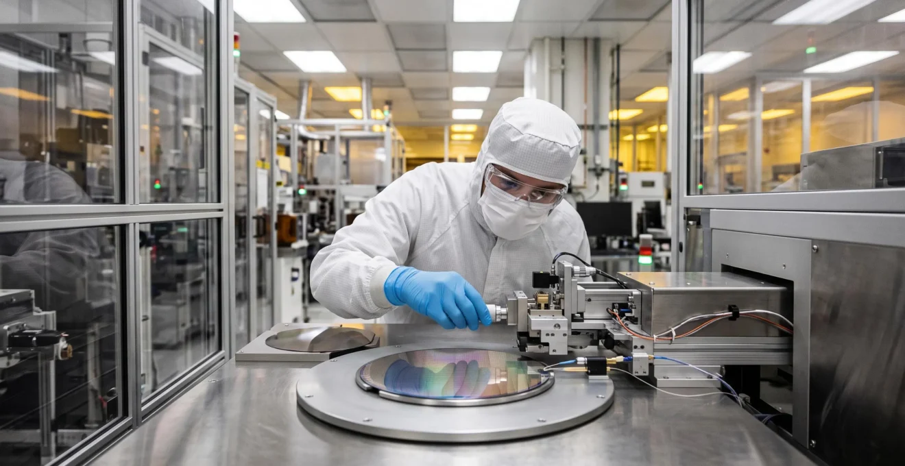 Technician adjusting a wafer pre-aligner machine in a cleanroom facility.