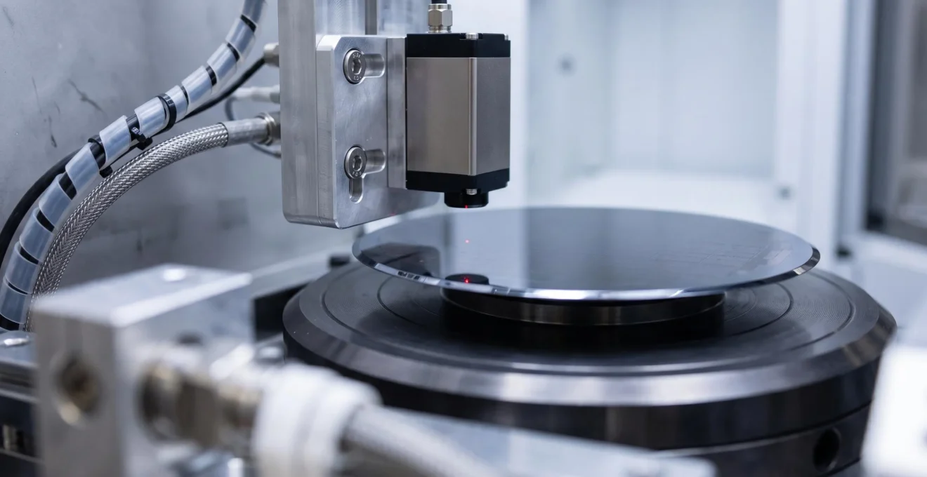 Laser height sensor measuring wafer Z position on a vacuum chuck.